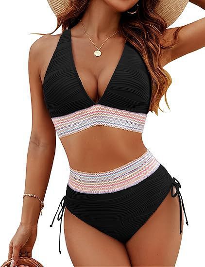 Damen Bikiniset mit hohem Bund und verstellbaren Rüschen