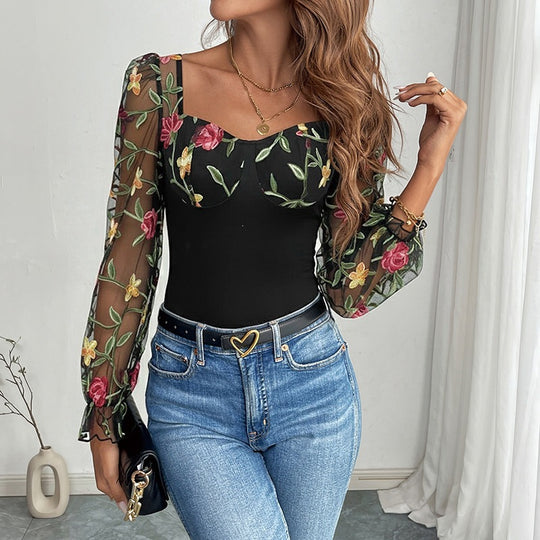 Damen Bestickter Mesh-Bodysuit mit herzförmigem Ausschnitt und langen Puffärmeln Shop Nory