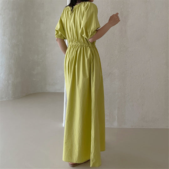 Damen Fließendes Baumwoll-Maxi-Sommerkleid mit elastischem Taillenbund, Puffärmeln und Eingrifftaschen Shop Nory