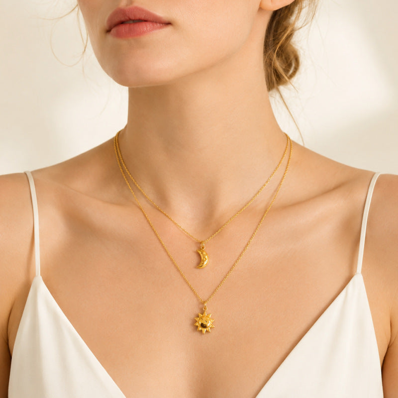 Damen mehrlagige Halskette mit Mond- und Sonnenanhänger Shop Nory