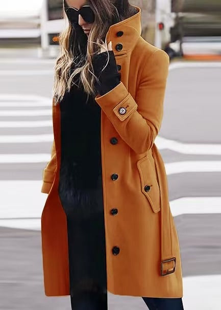 Damen Doppelreihiger Trenchcoat mit hohem Stehkragen, Taillengürtel und Manschetten-Detail Shop Nory