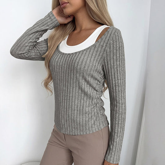 Damen Geripptes Langarmshirt mit weitem U-Boot-Ausschnitt und taillierter Silhouette Shop Nory