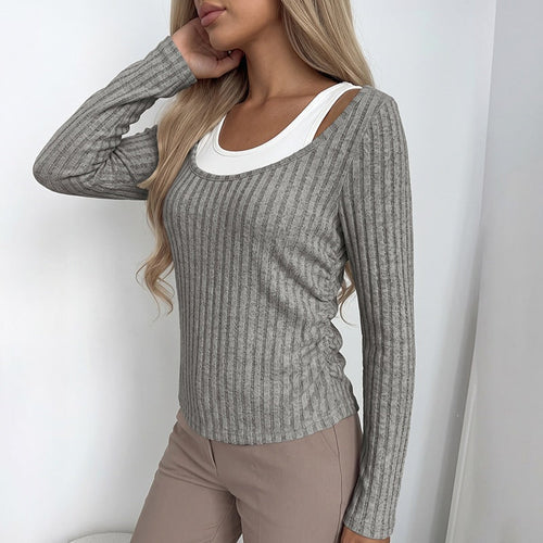 Damen Geripptes Langarmshirt mit weitem U-Boot-Ausschnitt und taillierter Silhouette Shop Nory