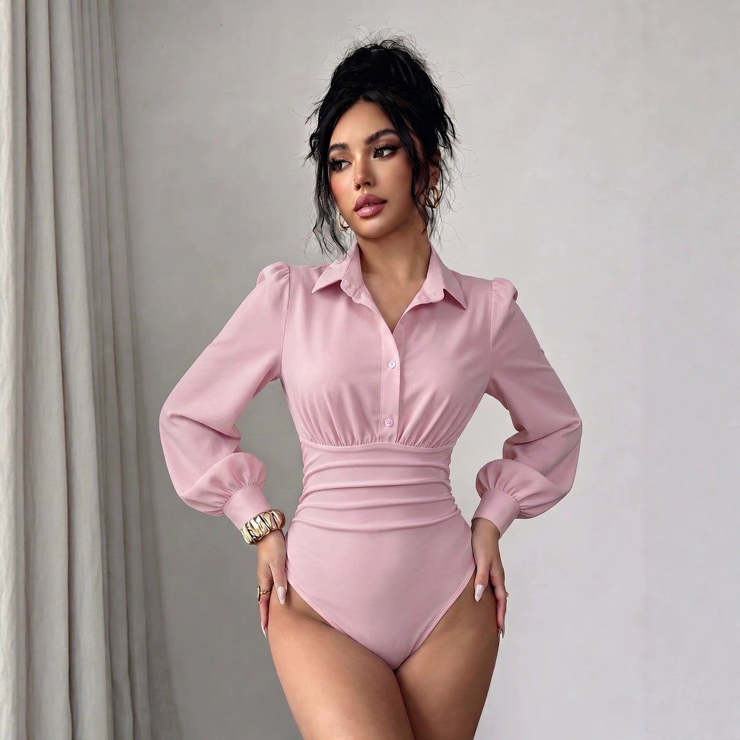 Damen Hemd-Body mit taillierter Raffung und Puffärmeln Shop Nory