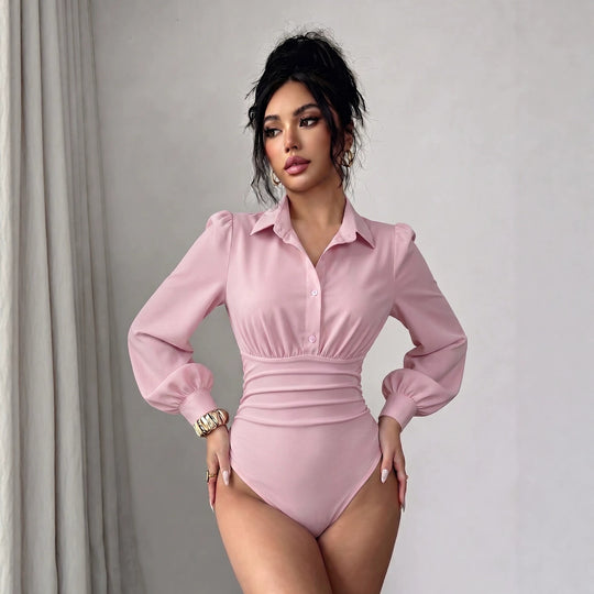 Damen Hemd-Body mit taillierter Raffung und Puffärmeln Shop Nory