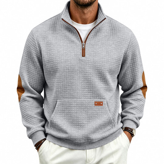 Herren Stehkragen-Halbzip-Sweatshirt mit karierter Reliefstruktur und Lederoptik-Ellenbogenpatches Shop Nory