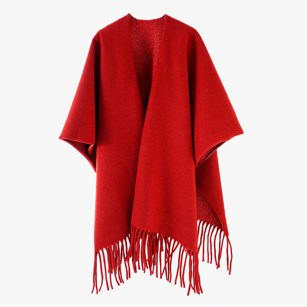 Damen Minimalistischer Wollcape-Überwurf mit Fransensaum und offenem Fall Shop Nory