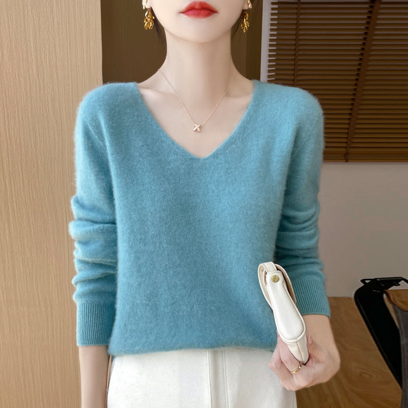 Damen Kuscheliger V‑Ausschnitt Feinstrickpullover aus Mohair‑Mix mit flauschiger Oberfläche Shop Nory