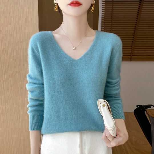 Damen Kuscheliger V‑Ausschnitt Feinstrickpullover aus Mohair‑Mix mit flauschiger Oberfläche Shop Nory
