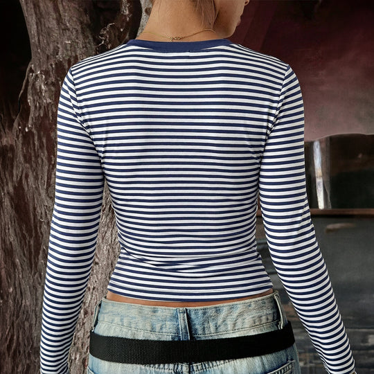 Damen nan gestreiftes eng anliegendes Langarm-Cropped-Shirt aus Stretchjersey mit Rundhalsausschnitt Shop Nory