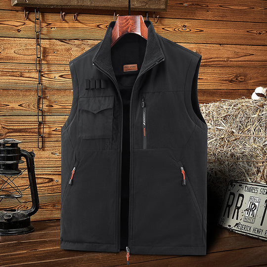 Herren Ärmellose Softshell-Outdoor-Weste mit Fleecefutter, hohem Stehkragen und Multifunktions‑Taschen Shop Nory