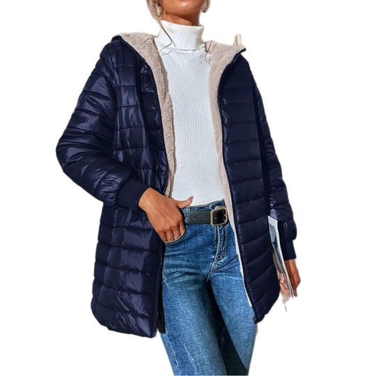 Damen Langer Steppmantel mit Teddyfutter und Kapuze Shop Nory