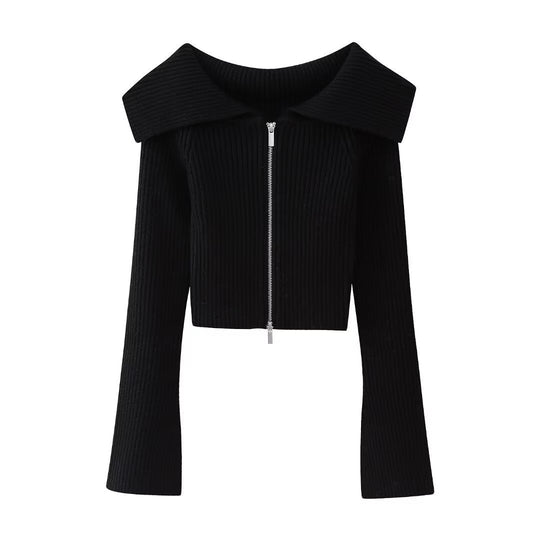 Damen Kurz geschnittene Rippenstrick-Jacke mit weitem Carmenkragen und durchgehendem Reißverschluss Shop Nory