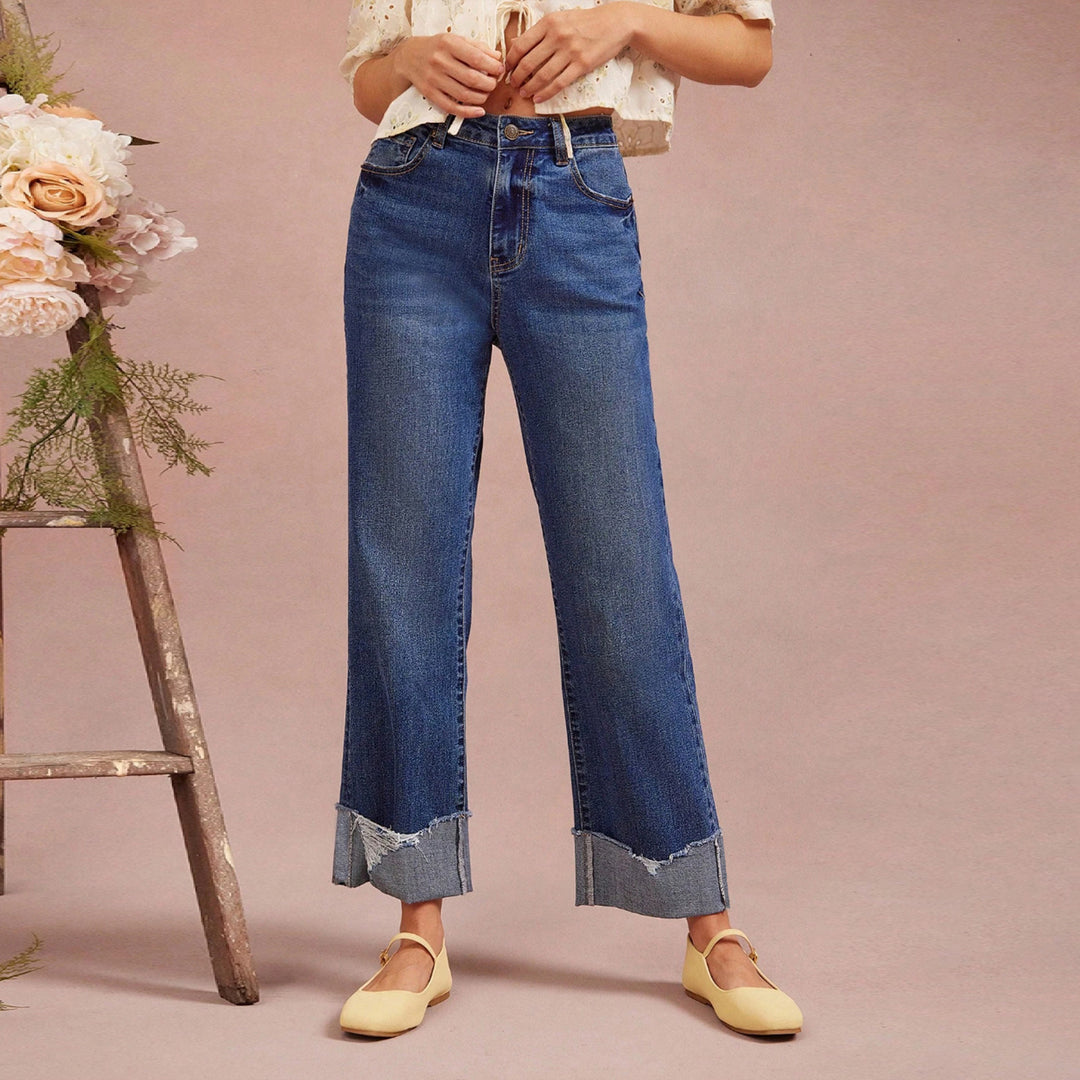 Damen Hochtaillierte Cropped-Jeans mit weitem Bein und ausgefranstem Umschlag Shop Nory