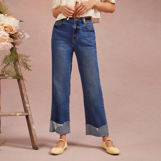 Damen Hochtaillierte Cropped-Jeans mit weitem Bein und ausgefranstem Umschlag Shop Nory