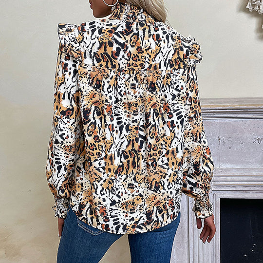 Damen Smocked-Bluse mit hohem Kragen, geraffter Schulterpasse und Animal-Print Shop Nory