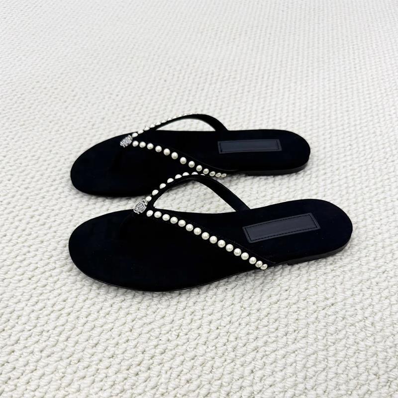 Damen Zehentrenner-Sandalen mit dekorativem Perlenschmuck und komfortablem Fußbett Shopnory