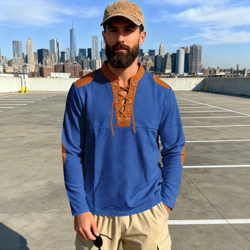 Herren Waffelstrick-Langarmshirt mit Schnürung und Kunstvelours-Ellbogenpatches Shop Nory