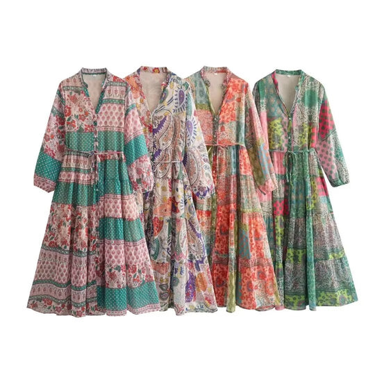 Damen Maxikleid mit Paisley‑Print, V‑Ausschnitt, Taillenband und Stufenrock Shop Nory