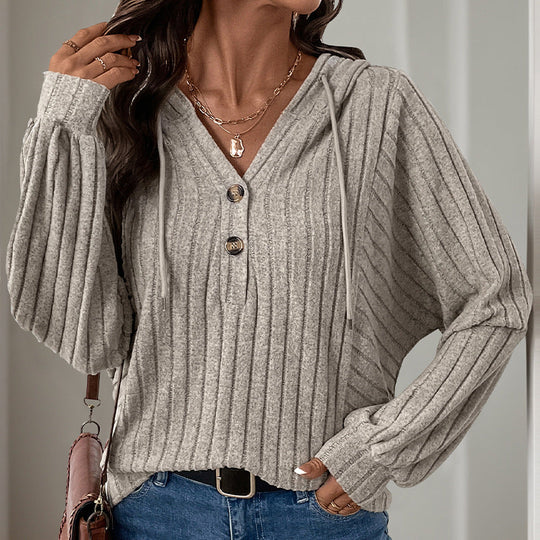 Damen Gerippter Kapuzenpullover mit Henley-Knopfleiste und leichter Cropped-Passform Shop Nory