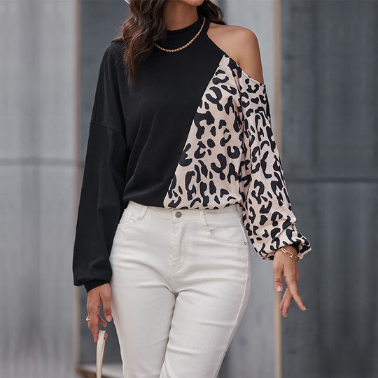 Damen Schulterfreies Sweatshirt mit Leoparden-Panel und Stehkragen Shop Nory