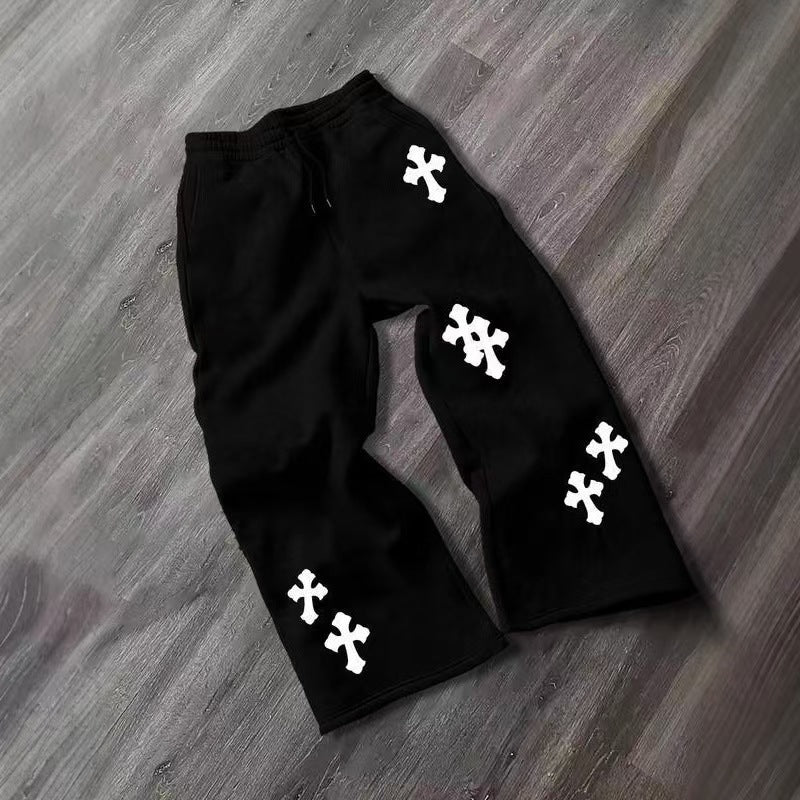 Herren Weite Sweatpants mit Gothic-Kreuz-Print, Tunnelzug & Tiefer Schritt Shop Nory