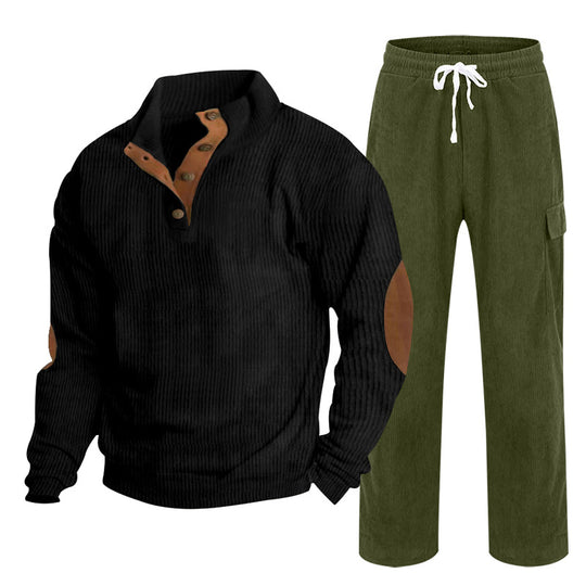 Herren Gemütliches Freizeit-Set aus Waffelstrick-Henley mit Ellenbogenpatch und Relax-Cargo-Hose Shop Nory