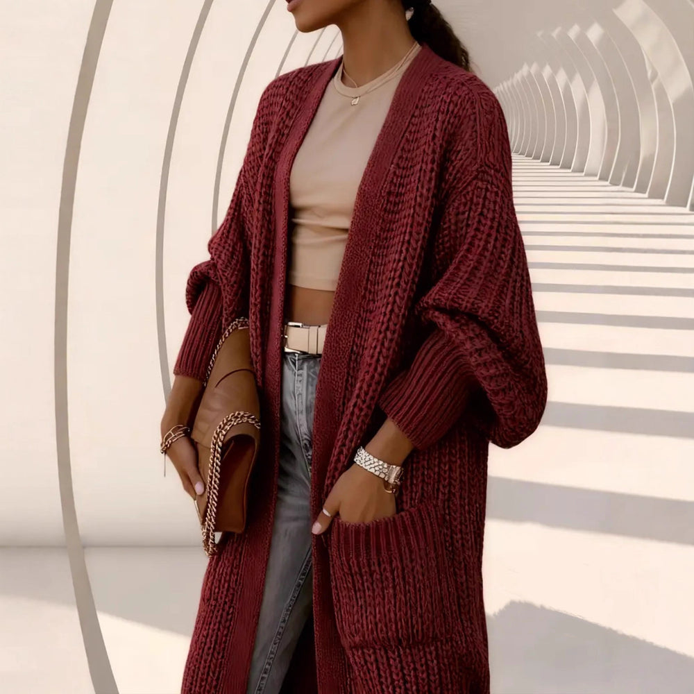 Damen Langer Offener Grobstrick-Mantelcardigan mit Flechtstruktur und überschnittener Schulter Shop Nory