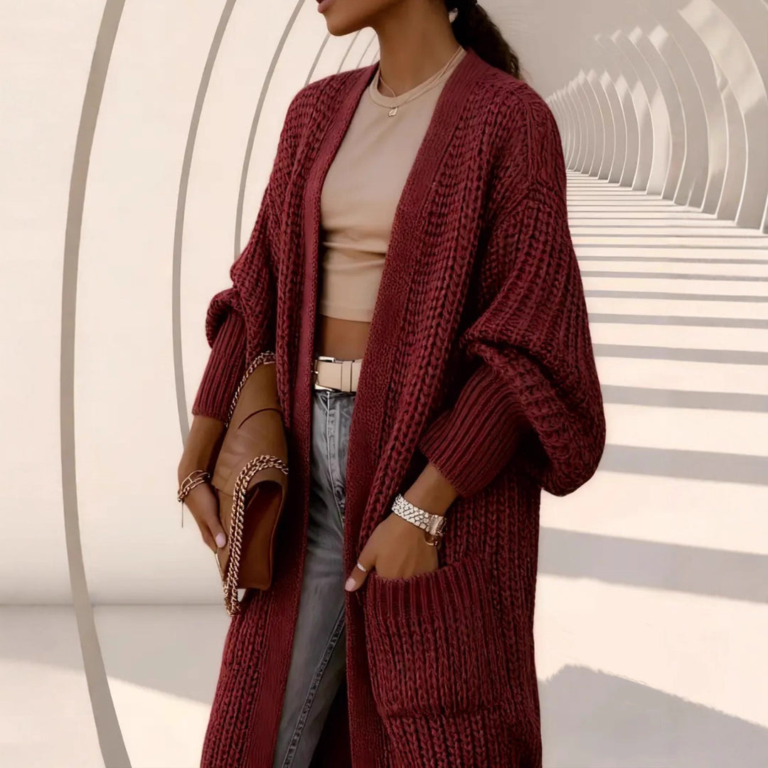 Damen Langer Offener Grobstrick-Mantelcardigan mit Flechtstruktur und überschnittener Schulter Shop Nory