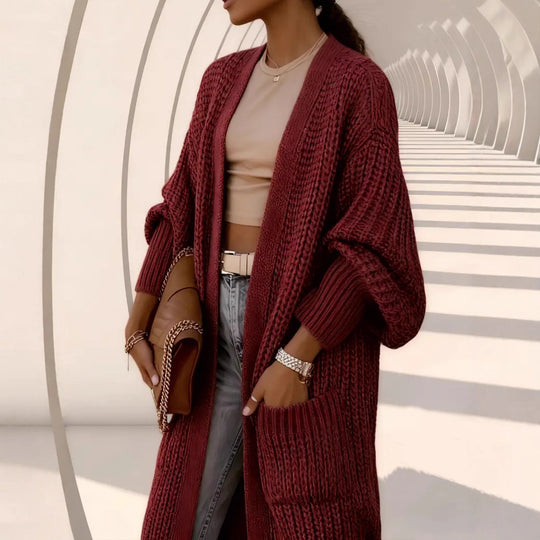 Damen Langer Offener Grobstrick-Mantelcardigan mit Flechtstruktur und überschnittener Schulter Shop Nory