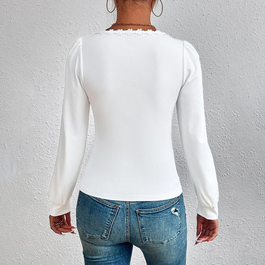 Damen Feinstrick-Bodyshirt mit herzförmigem Carmen-Ausschnitt Spitzenbordüre und leichten Puffärmeln Shop Nory
