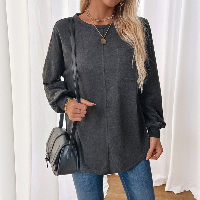 Damen Lässiges Langarm-Jerseyshirt mit Mittiger Ziernaht, Rundhals & abgerundetem Saum Shop Nory