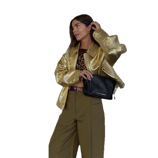 Damen Kurze strukturierte Metallic-Bomberjacke mit Boxy‑Silhouette Shop Nory
