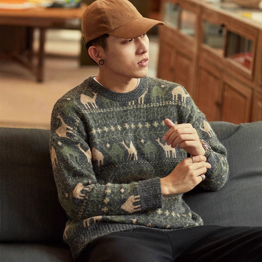Herren Strickpullover mit Kamel-Jacquardmuster und geripptem Saum Shop Nory