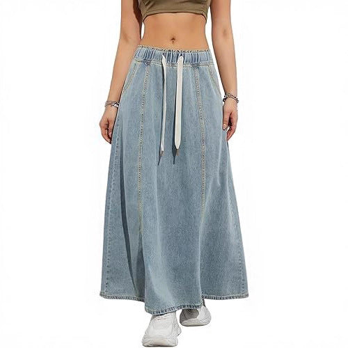 Damen Langer A-Linien Jeansrock mit elastischem Bund und Kordel Shop Nory