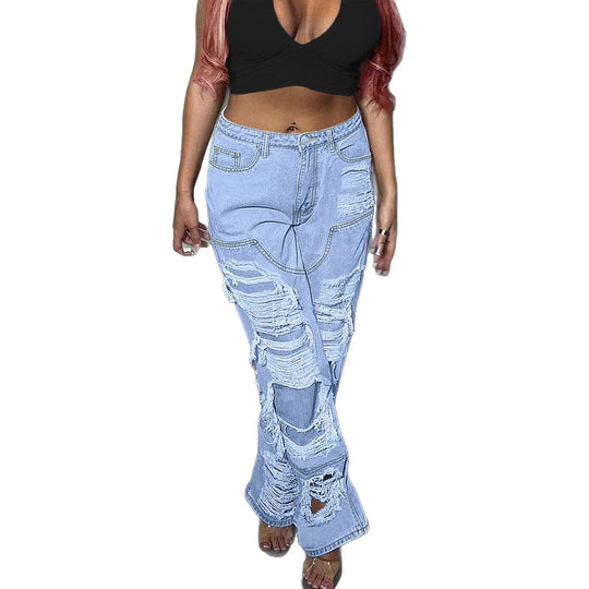 Damen Stark zerrissene Wide-Leg Denim-Jeans mit Fransen-Details Shop Nory