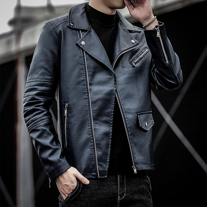 Herren schmal geschnittene Kunstleder-Motojacke mit gesteppter Schulter- und Ärmeldetail Shop Nory