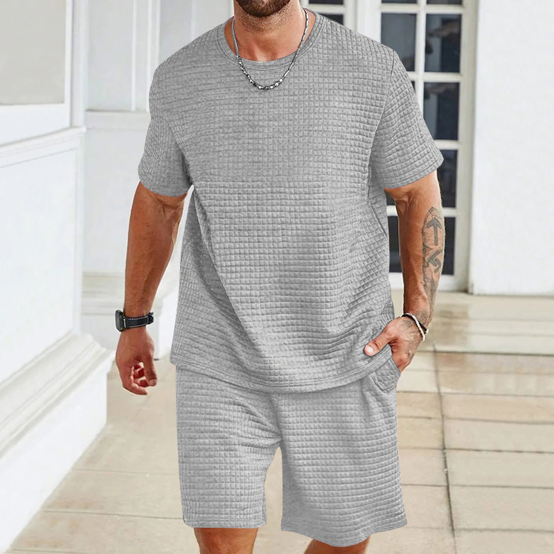 Herren nan Waffelstruktur Wohn- und Freizeit-Set mit weit geschnittenem Kurzarmshirt und kurzer Hose mit elastischem Bund