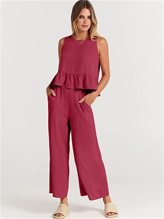 Damen luftiges Zweiteiler-Set mit schickem Peplum-Top und weitem Hose