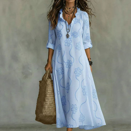 Damen Langes Boho-Maxikleid mit Blumenstickerei und V‑Ausschnitt Shop Nory