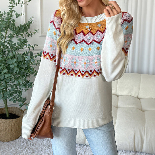 Damen Gemusterter Strickpullover mit Rundhalsausschnitt und Fair-Isle-Motiv Shop Nory