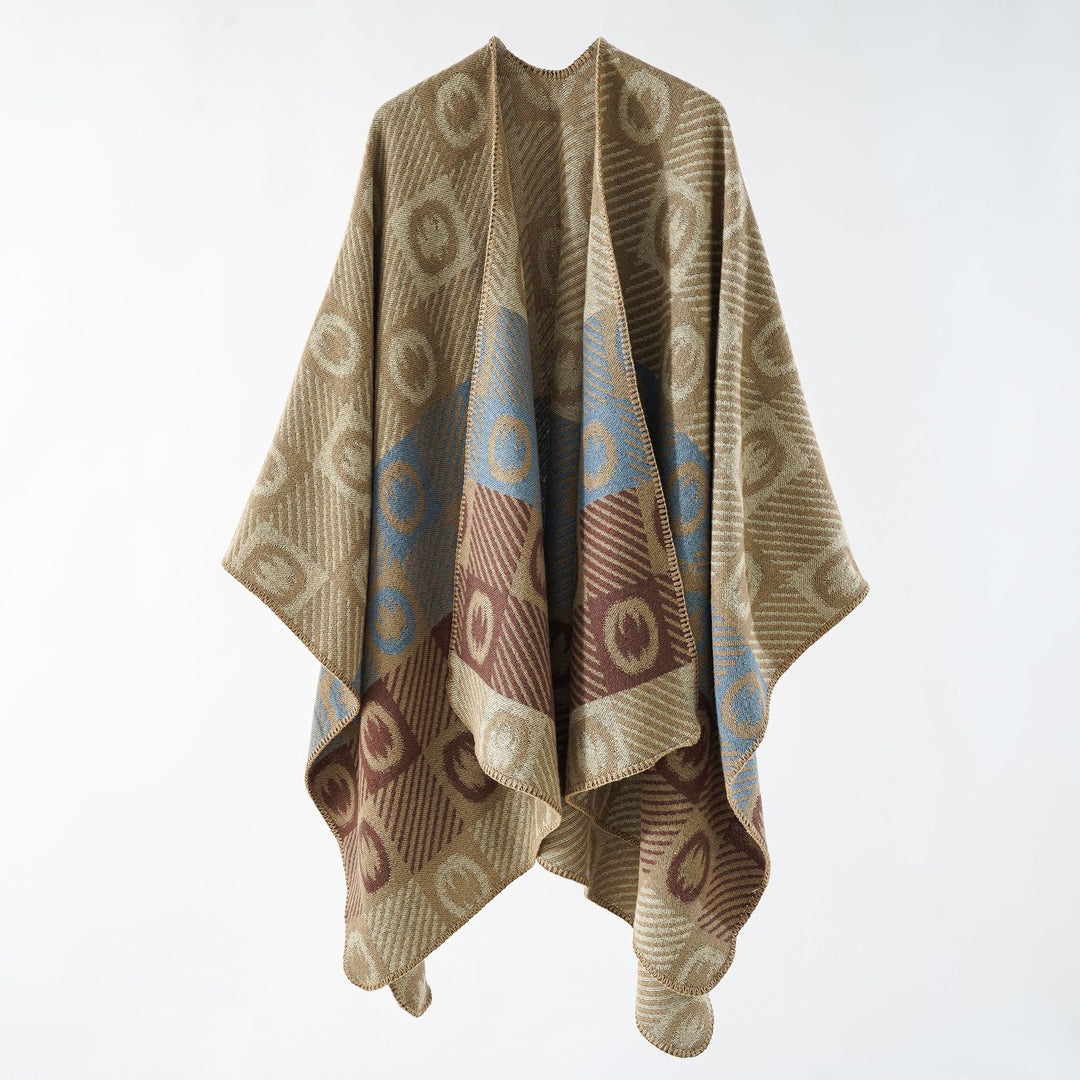 Damen Jacquard-Wickelponcho aus feinem Strick mit grafischem Kreis-Jacquard und offener Kimono-Silhouette Shop Nory