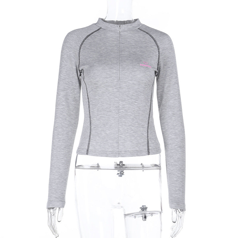 Damen Sportliches tailliertes Langarm-Performance-Shirt mit kurzem Frontreißverschluss Shop Nory