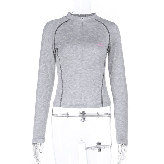 Damen Sportliches tailliertes Langarm-Performance-Shirt mit kurzem Frontreißverschluss Shop Nory