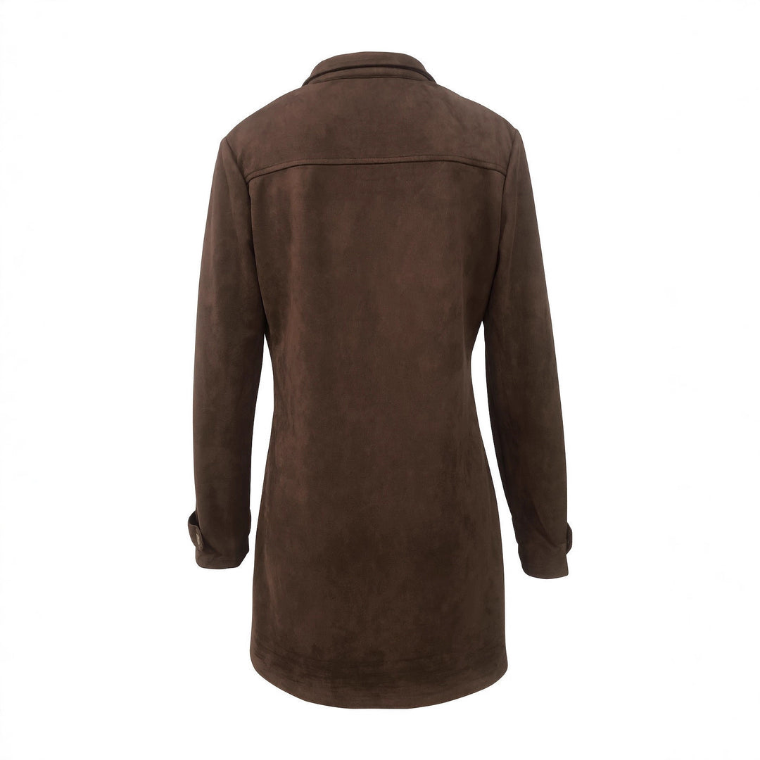 Damen Lange Wildleder-Safari-Jacke mit Pattentaschen und taillierter Silhouette Shop Nory