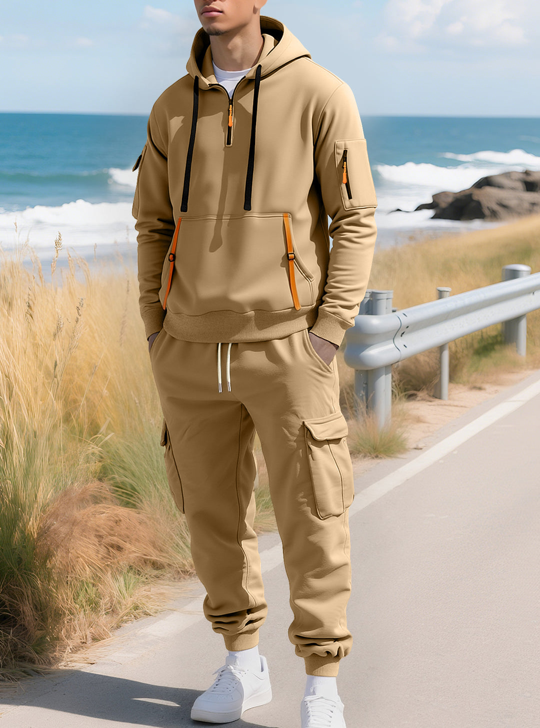 Herren Kapuzensweatshirt mit Utility-Taschen, Halbzip und kontrastierenden Reißverschlüssen Shop Nory