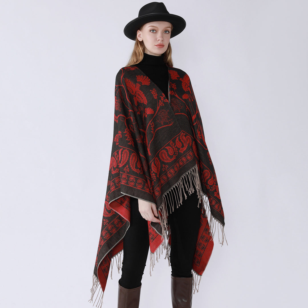 Damen Jacquard-Poncho im Oversize-Kaftan mit floraler und Vogelornamentik Shop Nory