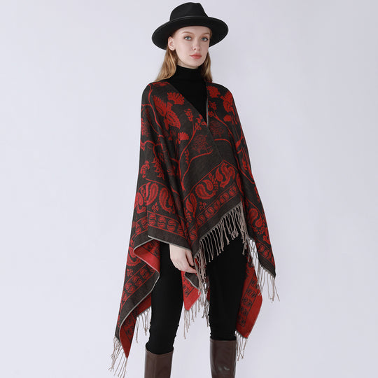 Damen Jacquard-Poncho im Oversize-Kaftan mit floraler und Vogelornamentik Shop Nory