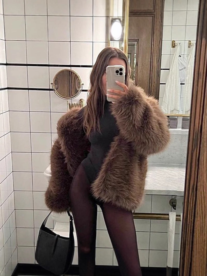 Damen Boxy-Kurzmantel aus dichtem langfaserigem Kunstpelz mit offener Front Shop Nory
