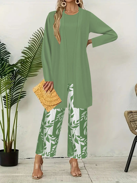 Damen Zweiteiler Offener Longcardigan mit Langarm und Palazzo‑Hose mit Blattprint Shop Nory